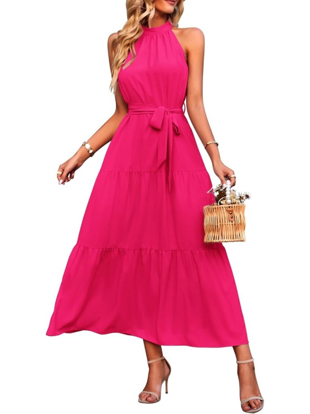 Women's Red Summer Floral Maxi Sun Dress Sleeveless Halter Neck Flowy Ruffle